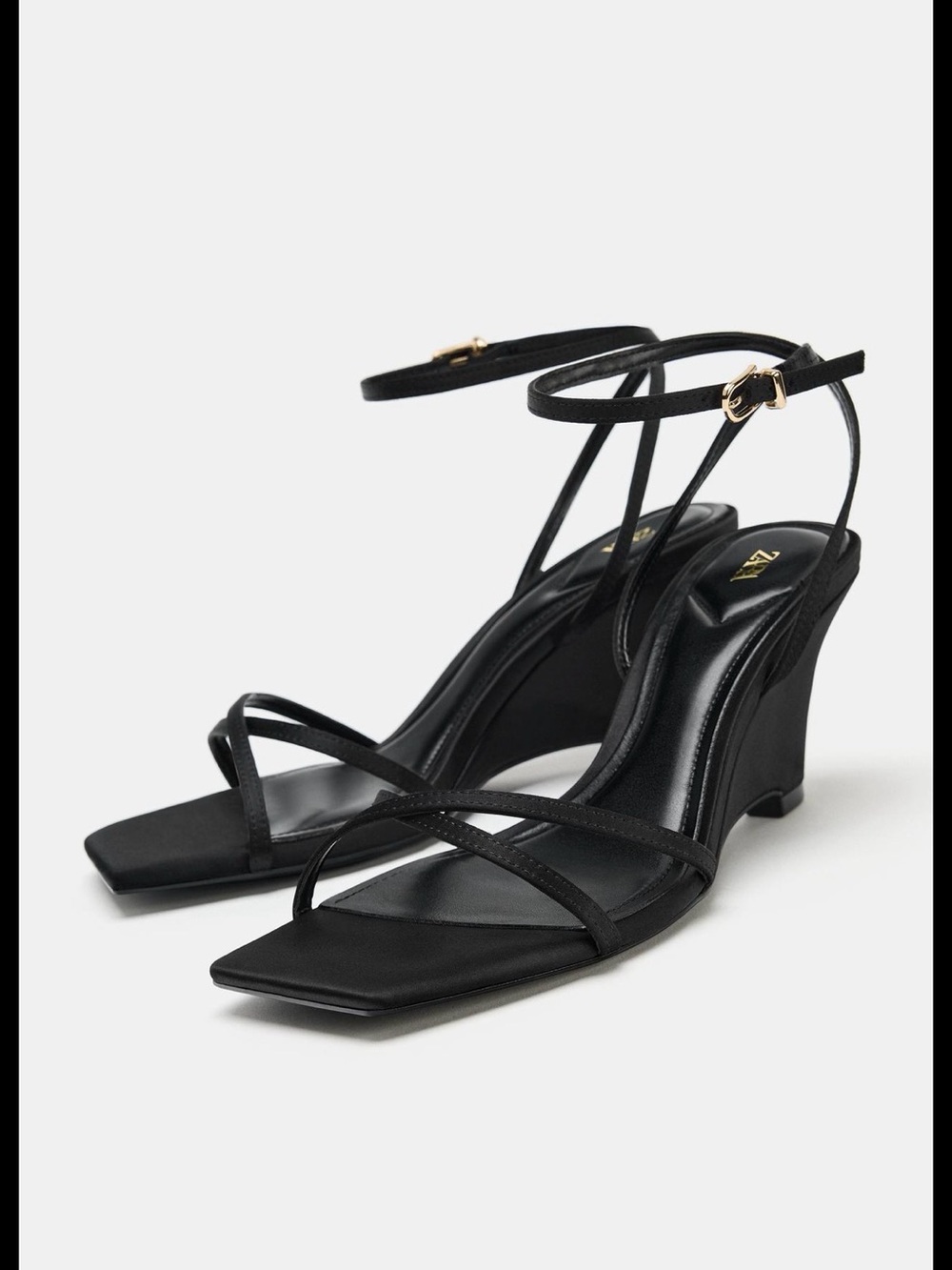 Zara Black Strappy Square-Toe Wedge Sandals with Ankle Buckle